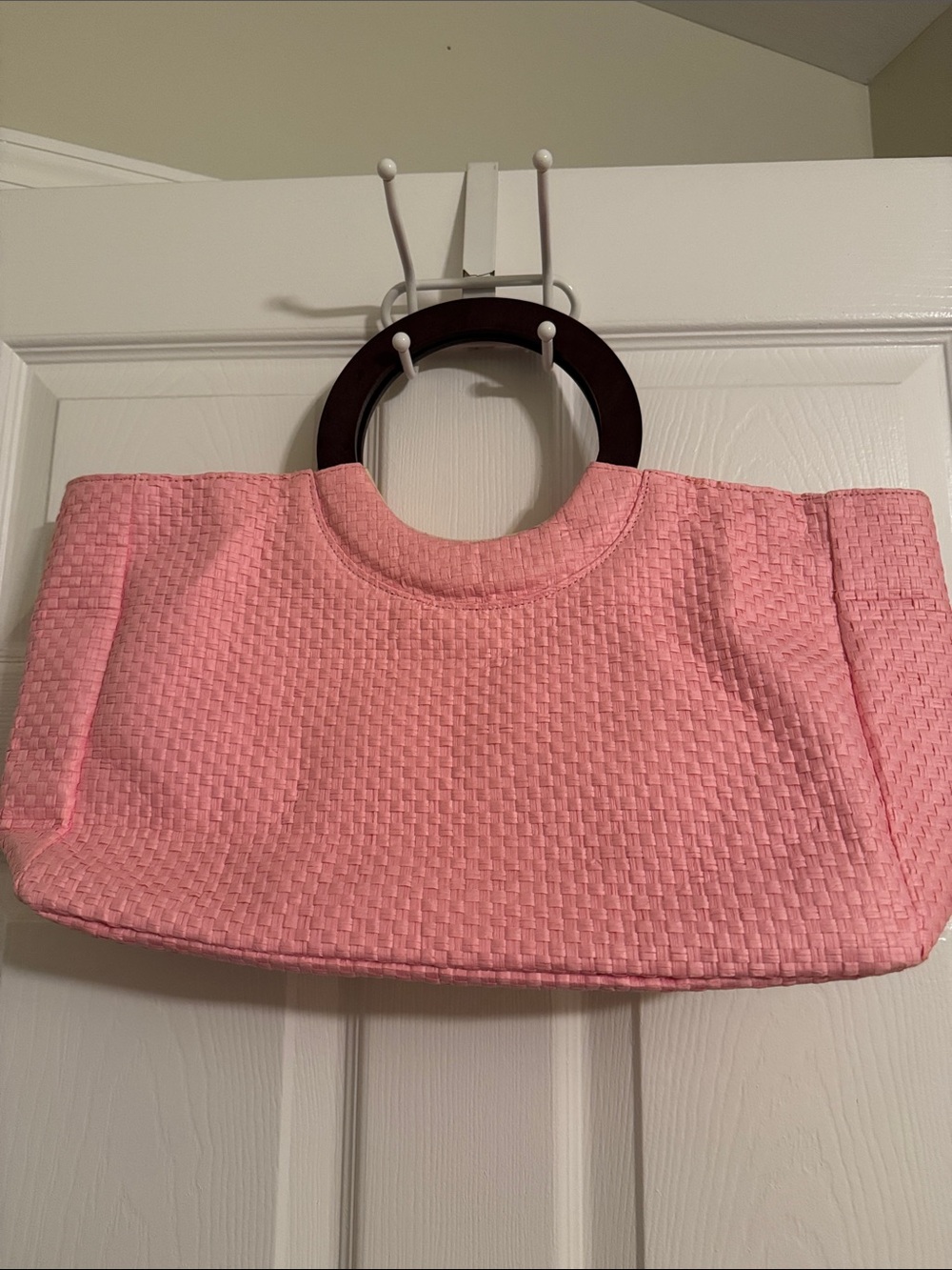 Textured Pink Tote with Round Wooden Handles